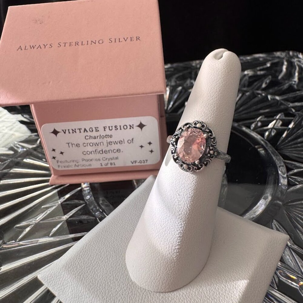 Ryze Vintage Fusion Sterling Silver Antique Finish Peonies Crystal Sz 5